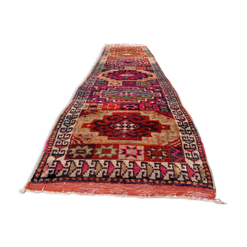 Vintage turkish tribal runner 305x83 cm veg dye wool rug tribal, handmade