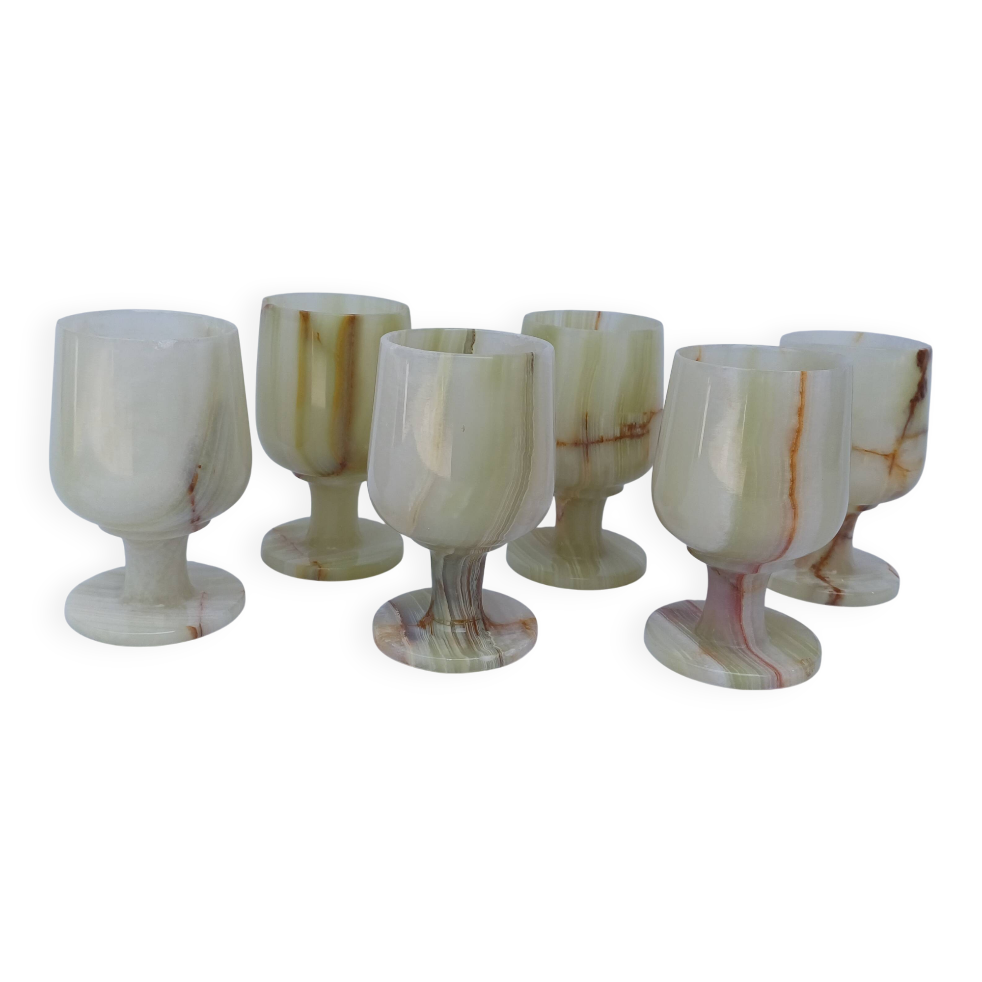 set of 6 small wine glasses in green alabaster stone
