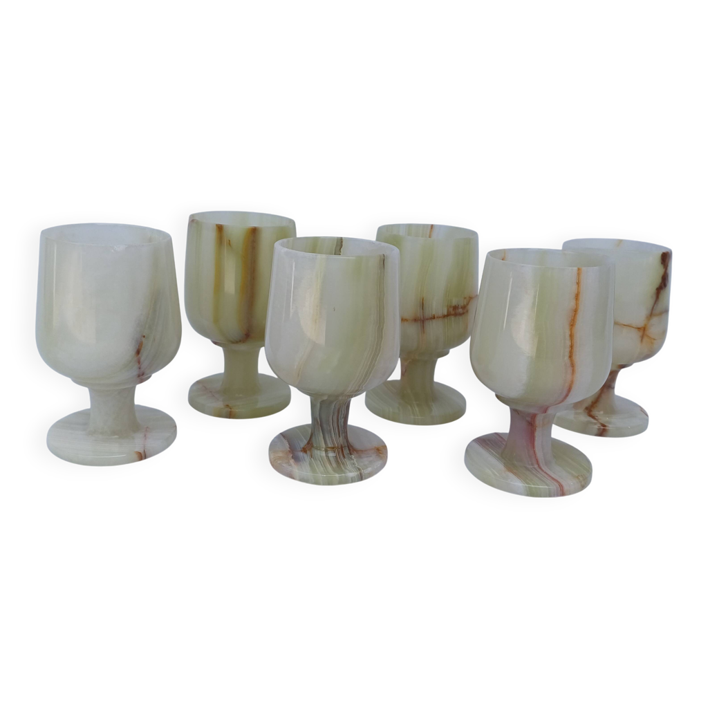 set of 6 small wine glasses in green alabaster stone
