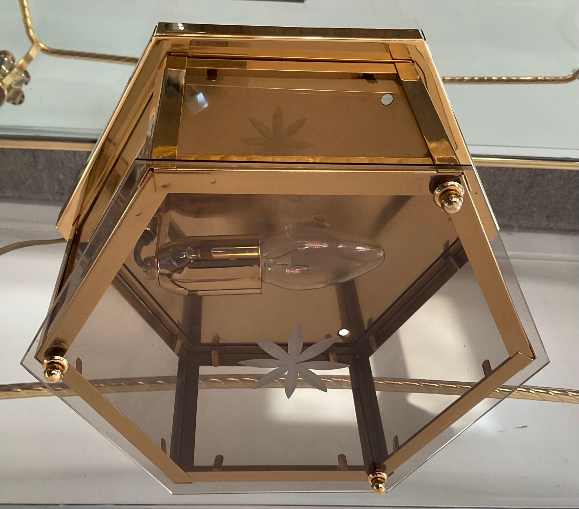 Vintage ceiling lamp in brass and smoked glass