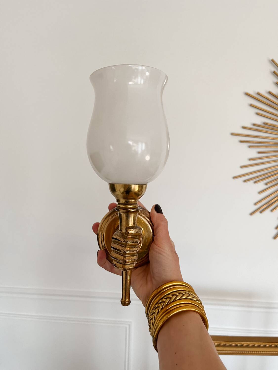 Set of 2 golden, bronze and brass torch wall lights