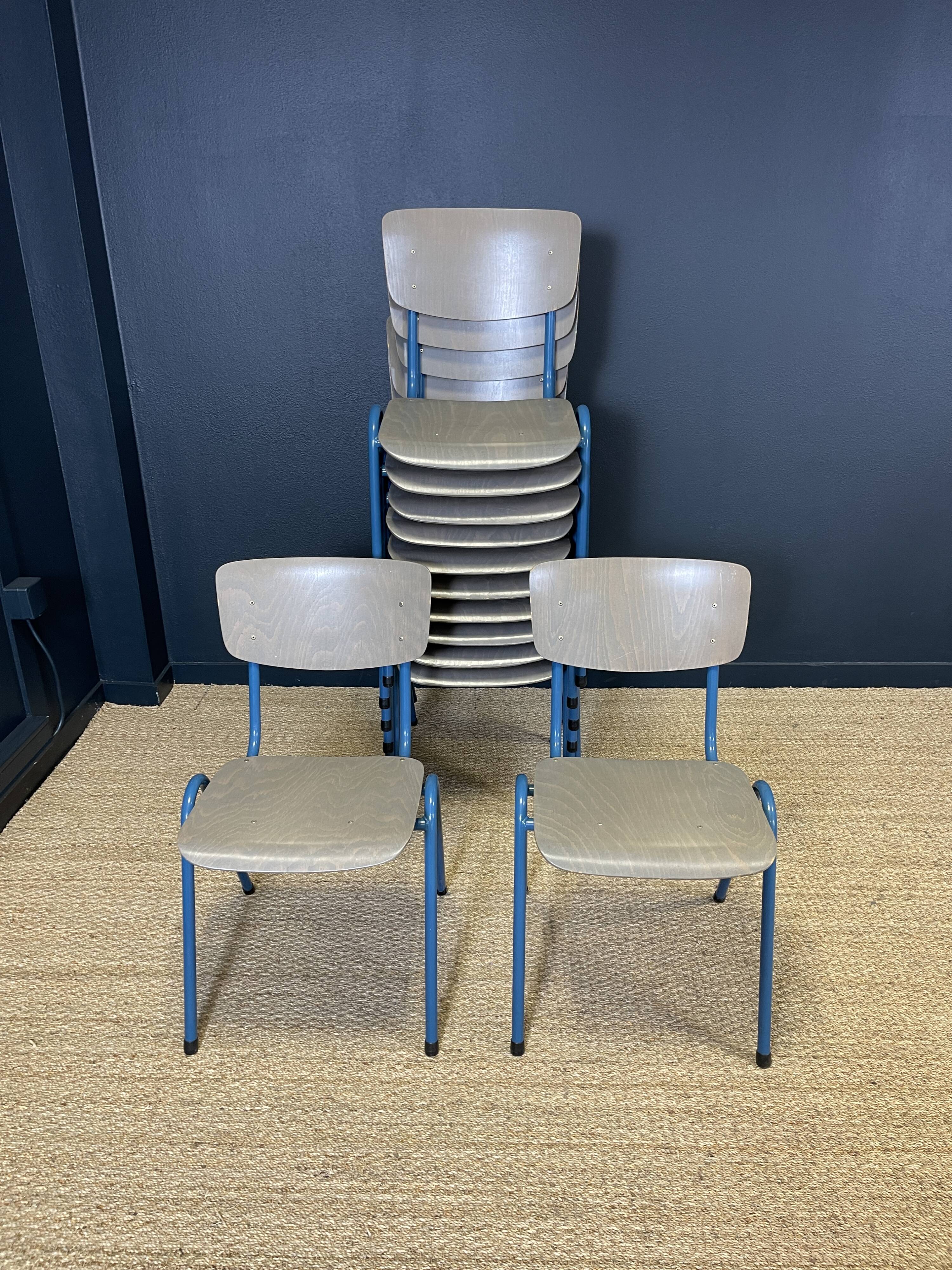 Set of 12 gray wood school chairs with blue feet Netherlands 70s/80s