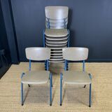 Set of 12 gray wood school chairs with blue feet Netherlands 70s/80s