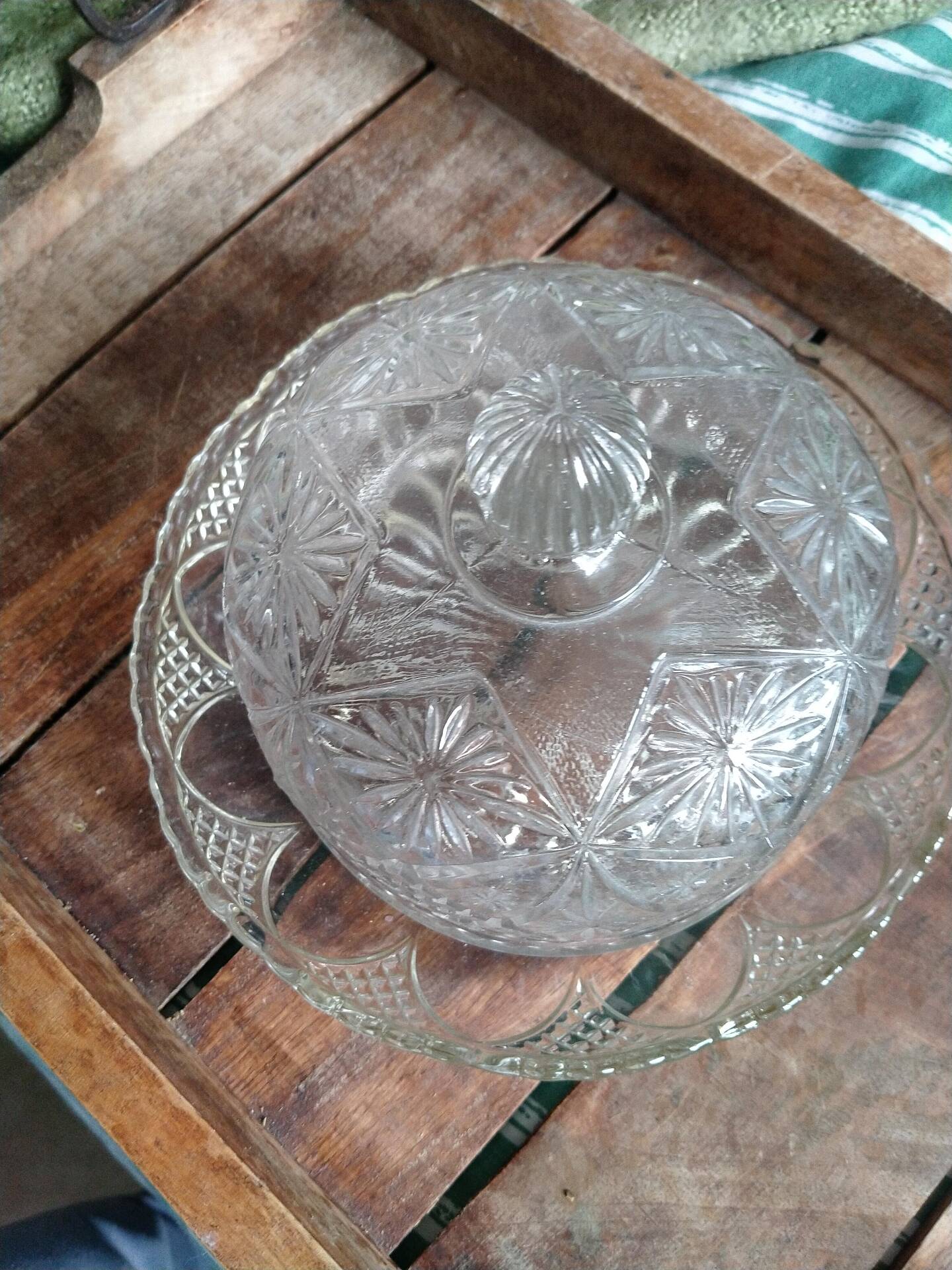 Vintage glass cheese dome with diamond cut.