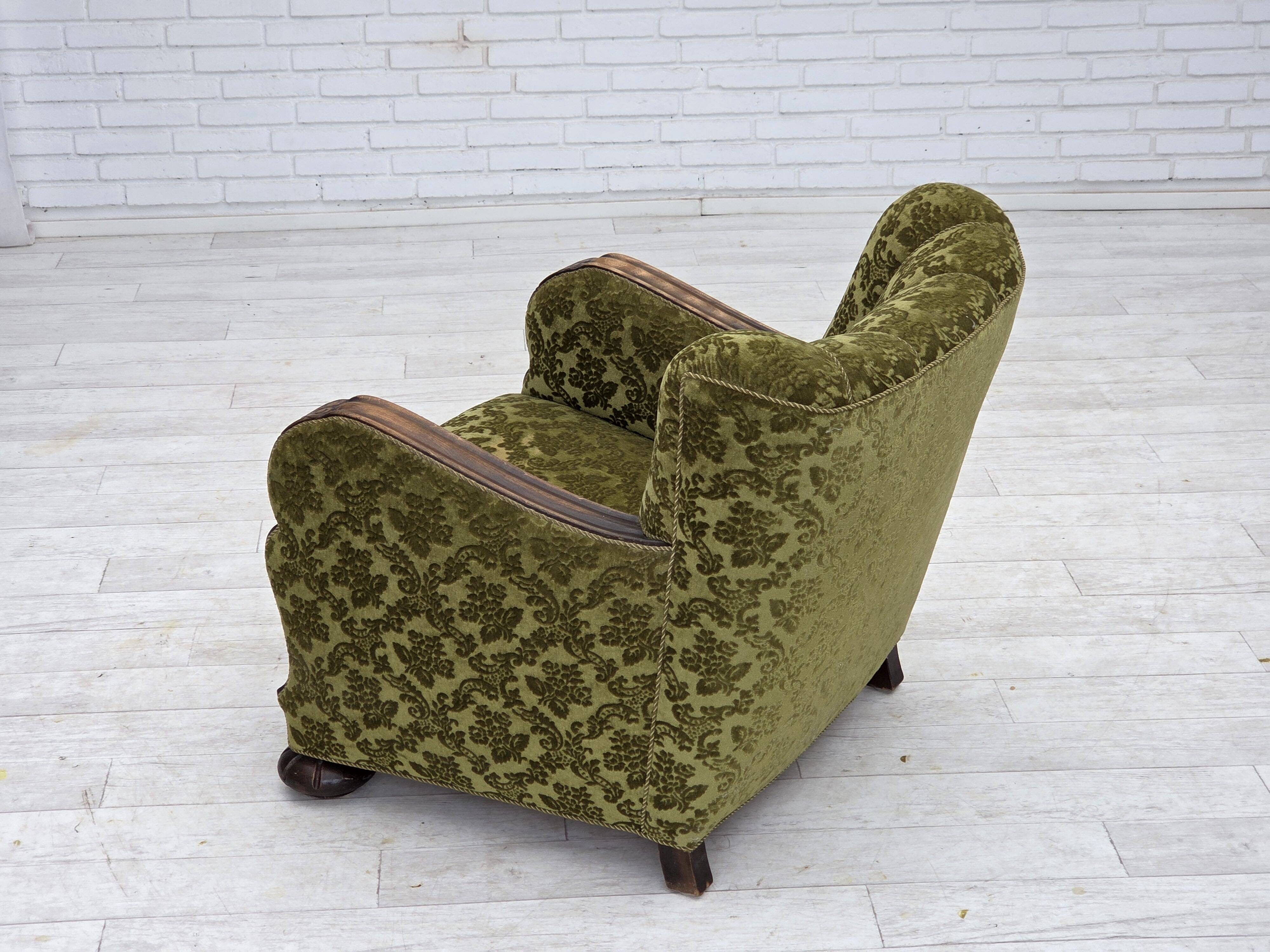 1950s, Danish relax chair, furniture velour, oak wood.