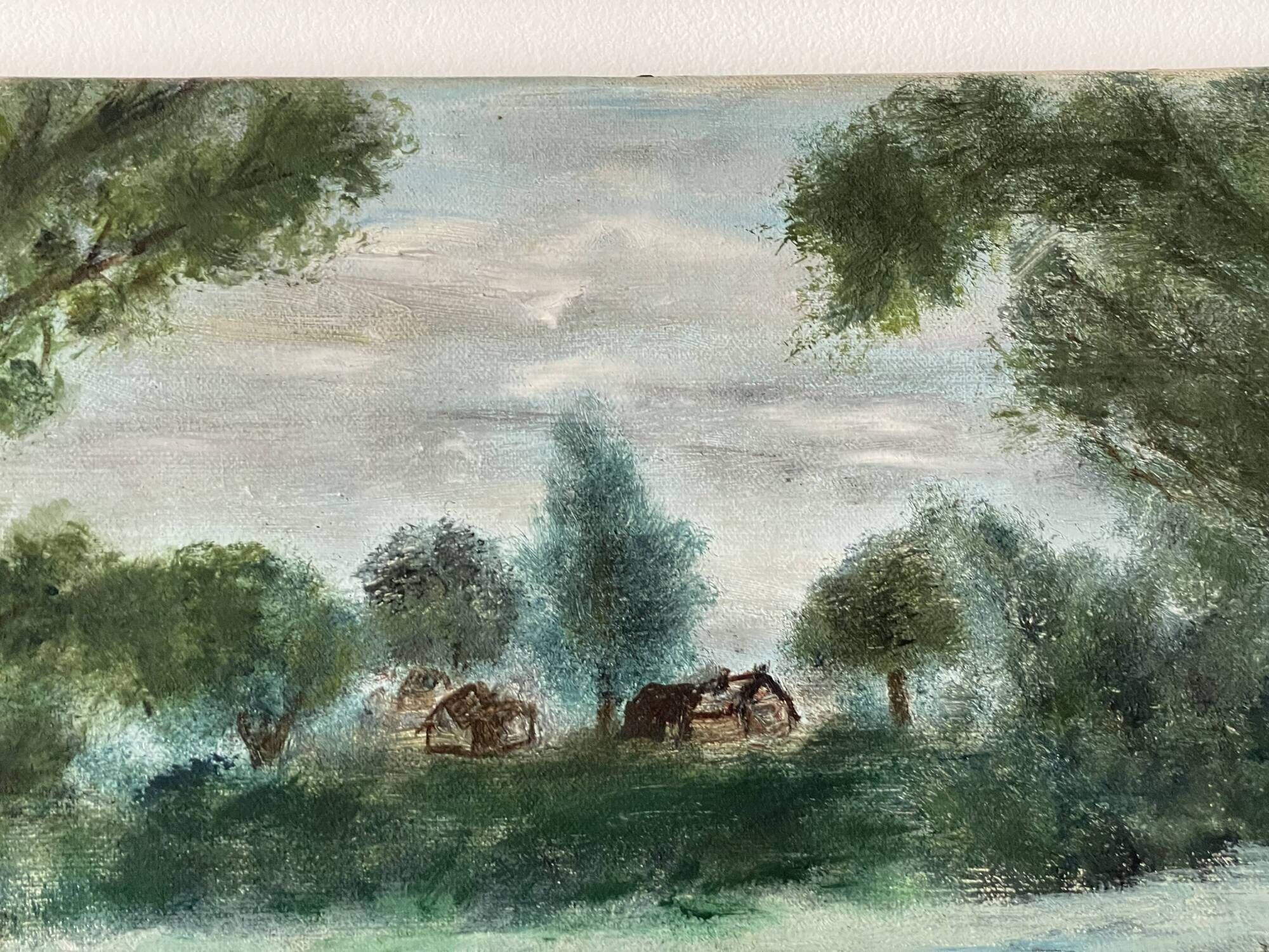 Old oil painting on canvas of a vintage landscape