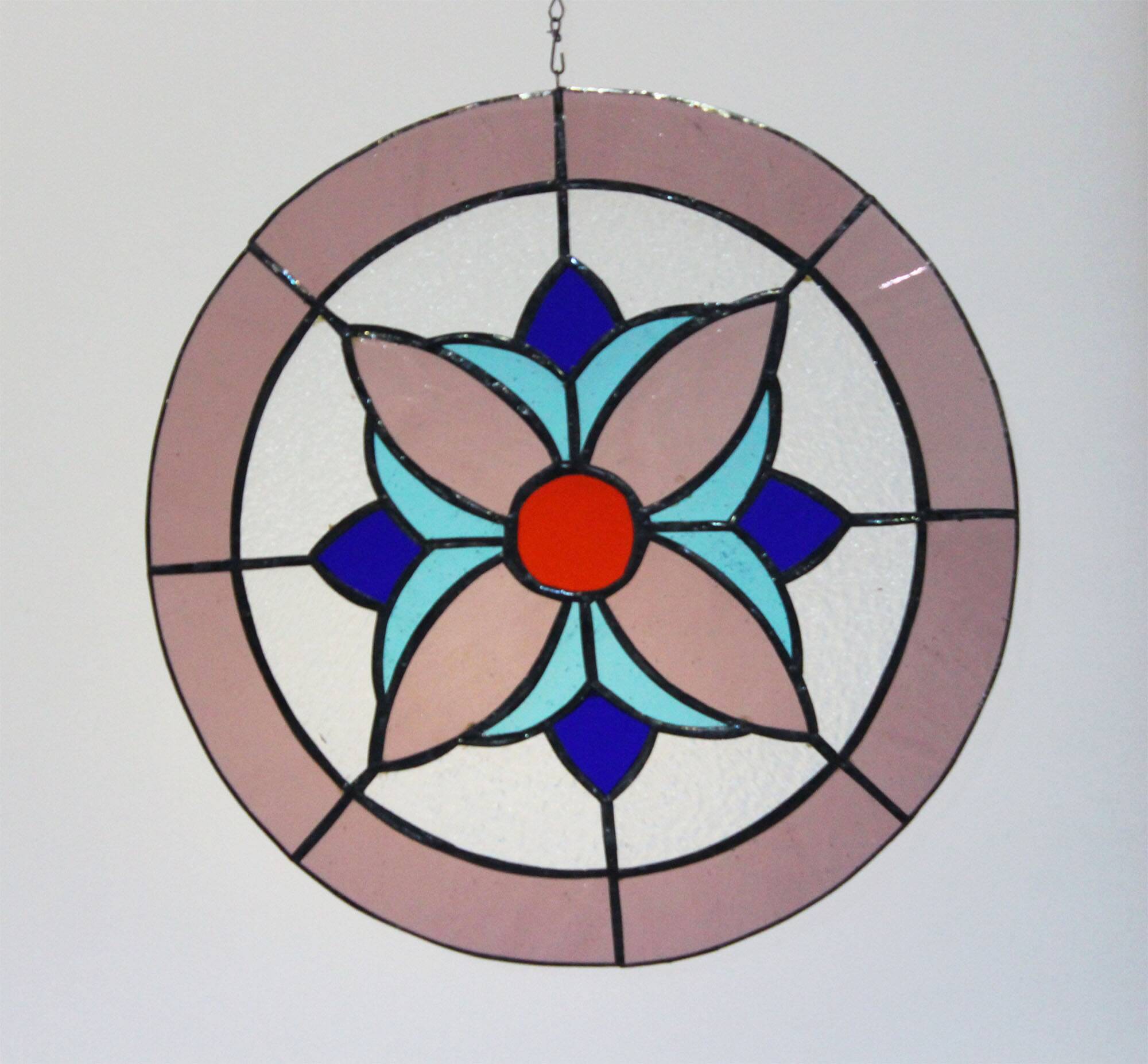 Vitrail circulaire décoratif à motif floral – Verre coloré fait main, Ø 40