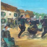 Oil on canvas, Breton scene, Breton village, signed Le Hellocq, Pont Aven