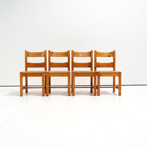 Ensemble de chaises des années 70 en bois de pin avec siège de paille