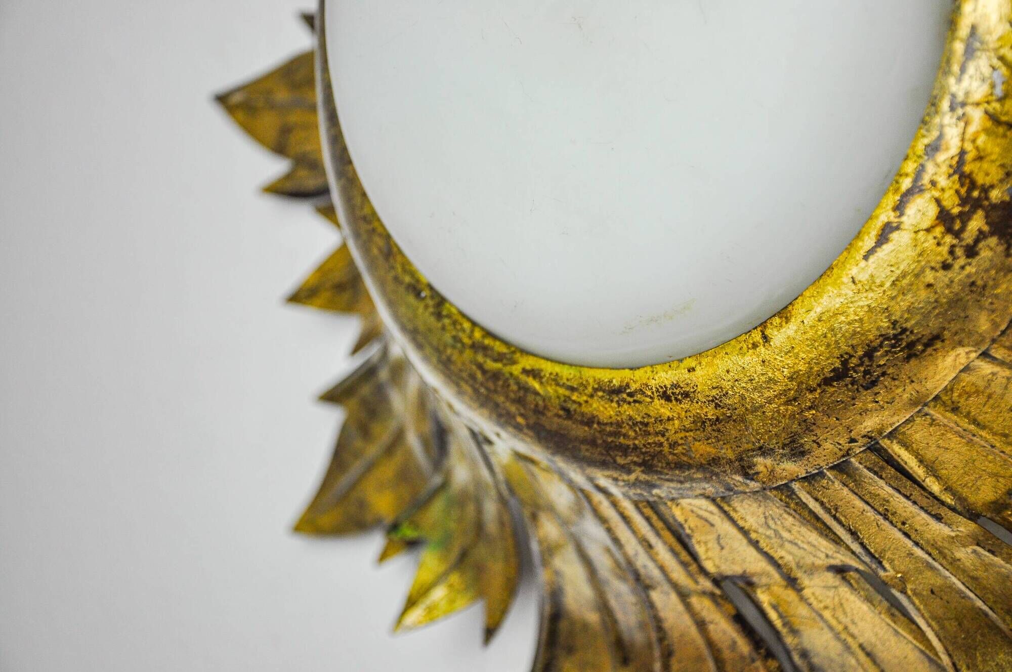 Sun wall lamp by ferro arte, metal and gold leaf, Spain, 1960