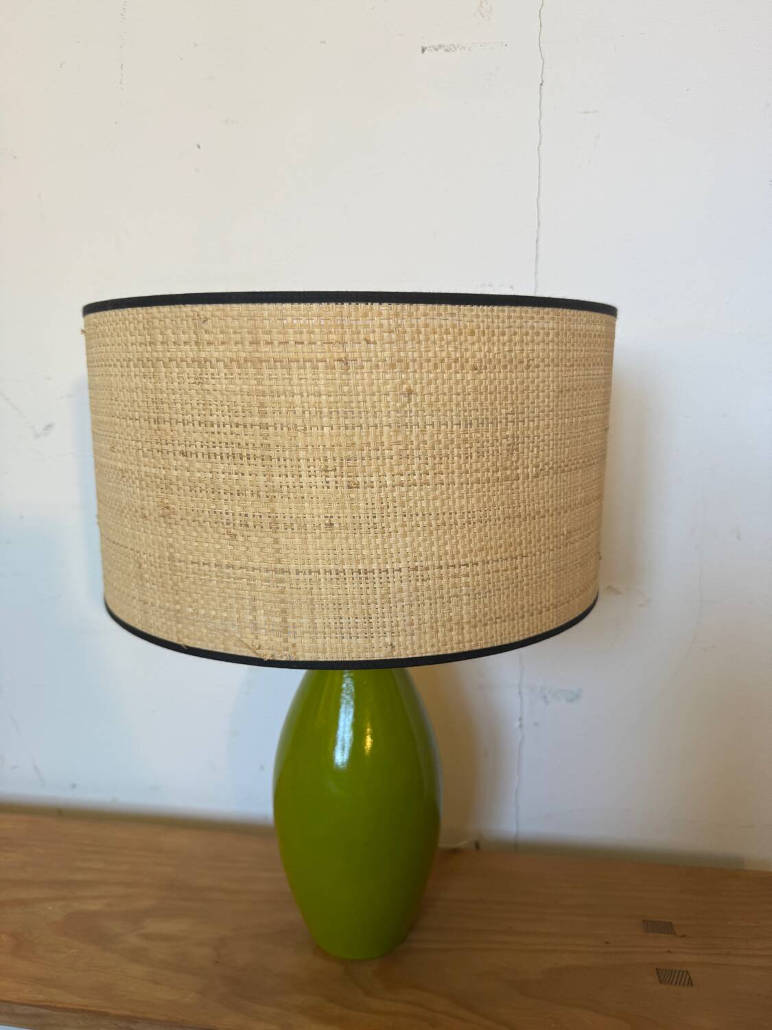 Vintage green glazed ceramic lamp and cane shade