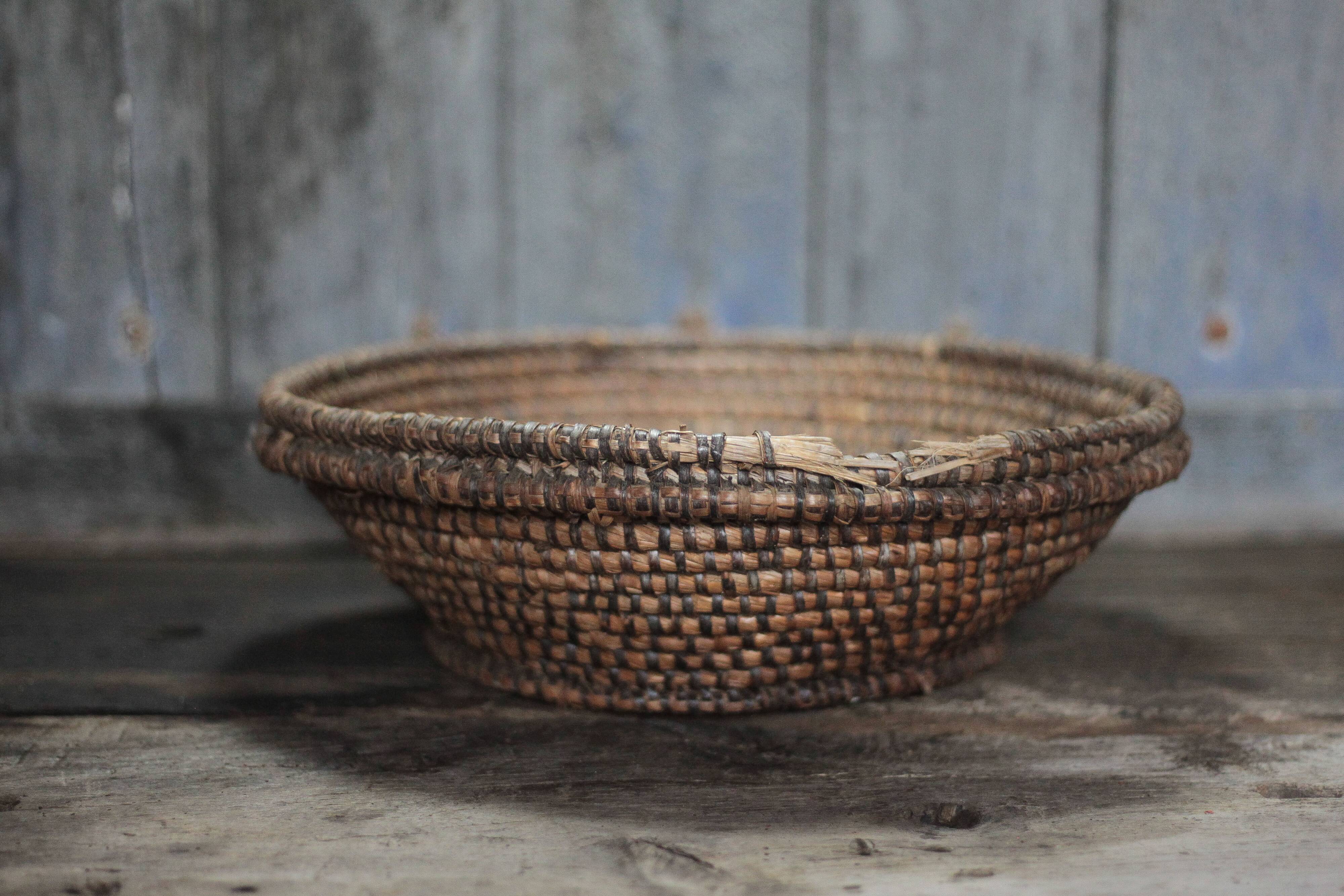 Large old wicker bowl, straw and bramble, woven bowl, rustic.