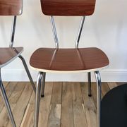 Trio of chairs in light brown formica and cream contour 70s