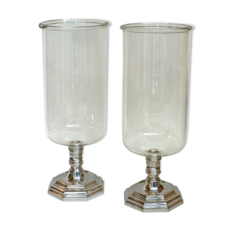 Pair of large candles in silver bronze and glass