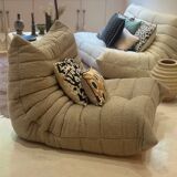 Togo Ligne Roset armchair by Michel Ducaroy in mocha, taupe, and beige bouclette