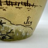 Old enameled glass cookie jar with mill decor