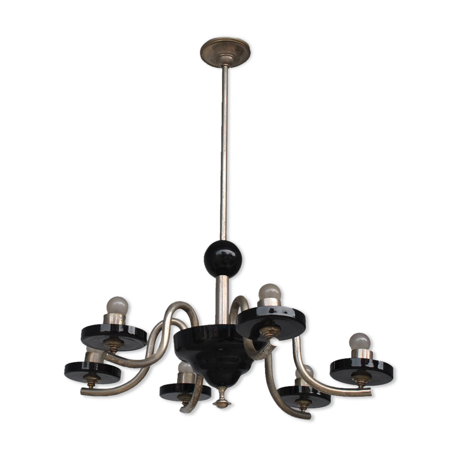 Chandelier 1930 tubular arms to 6 lights black opaline cups
