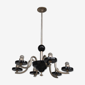 Chandelier 1930 tubular arms to 6 lights black opaline cups