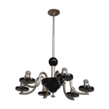 Chandelier 1930 tubular arms to 6 lights black opaline cups