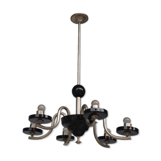 Chandelier 1930 tubular arms to 6 lights black opaline cups