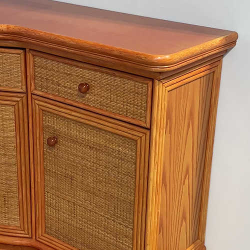 Vintage rattan & wood orange curved sideboard, 1980s