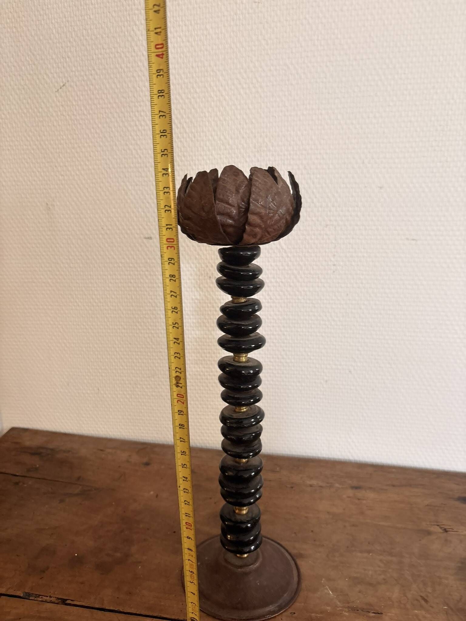 Lotus Pearl Candle Holder Vintage Brutalist Ethnic Metal