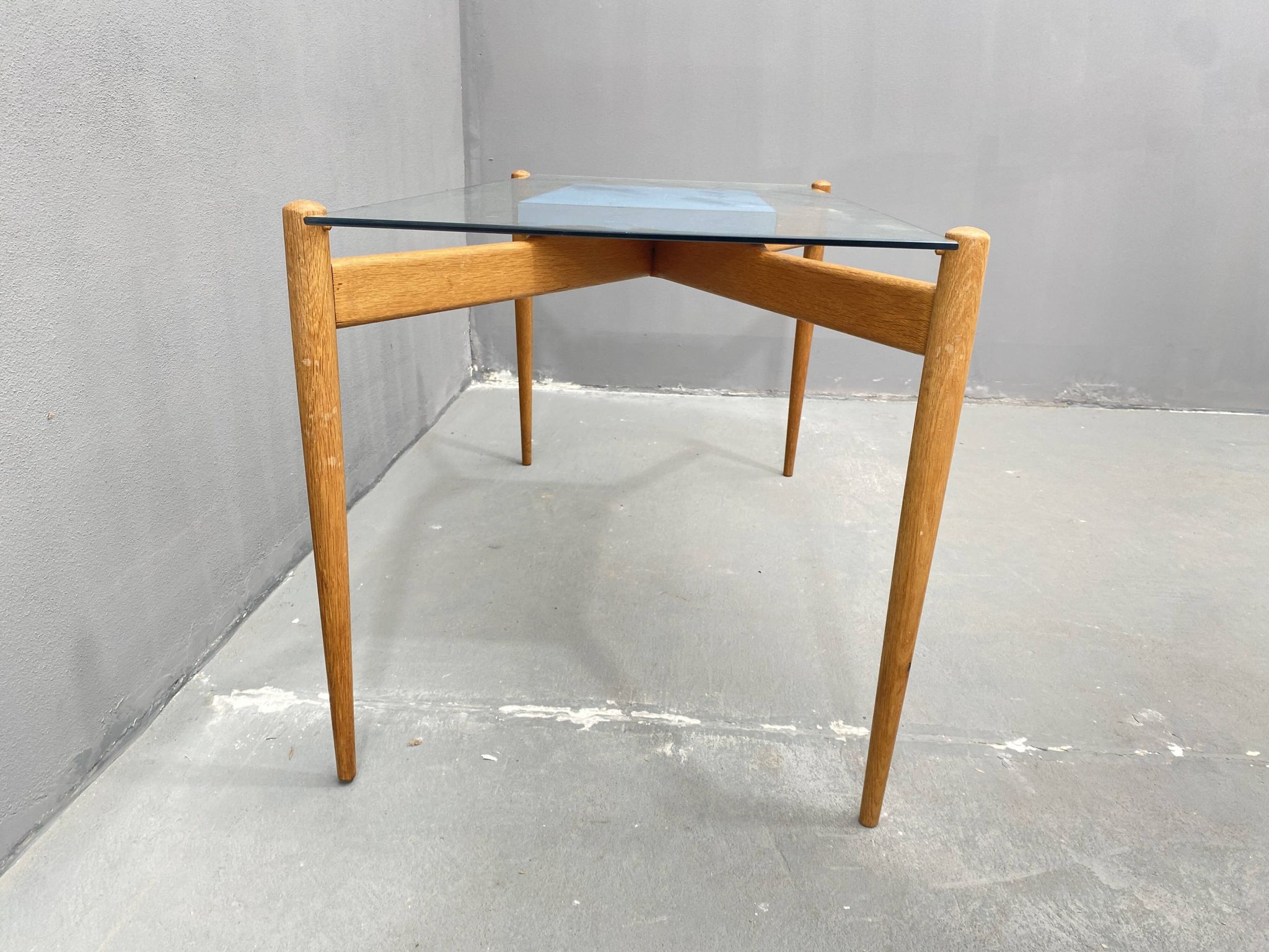 Glass coffee table with a wooden frame, 1960s, Czechoslovakia.