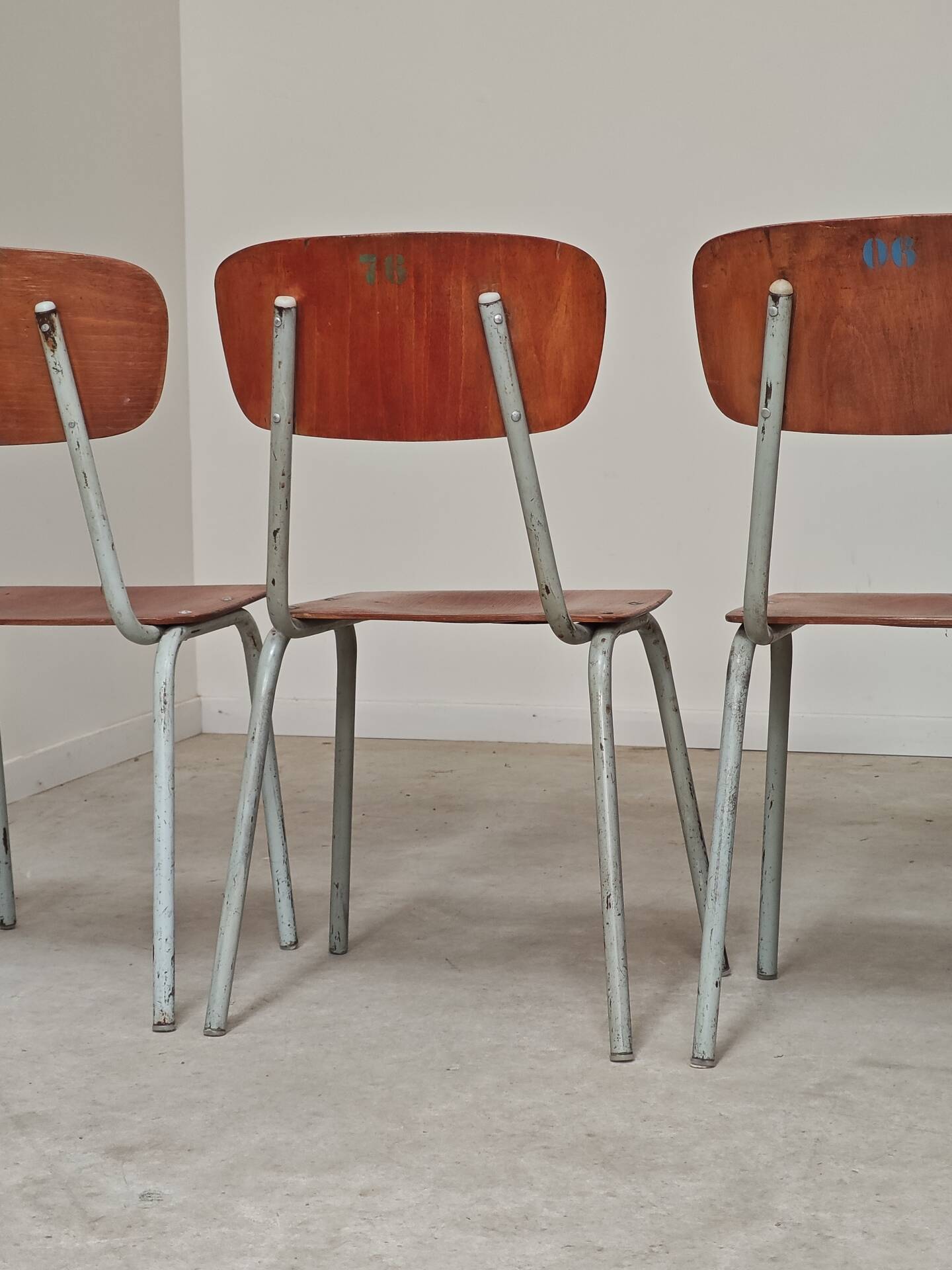 Set of 3 Czech school chairs in metal and wood.
