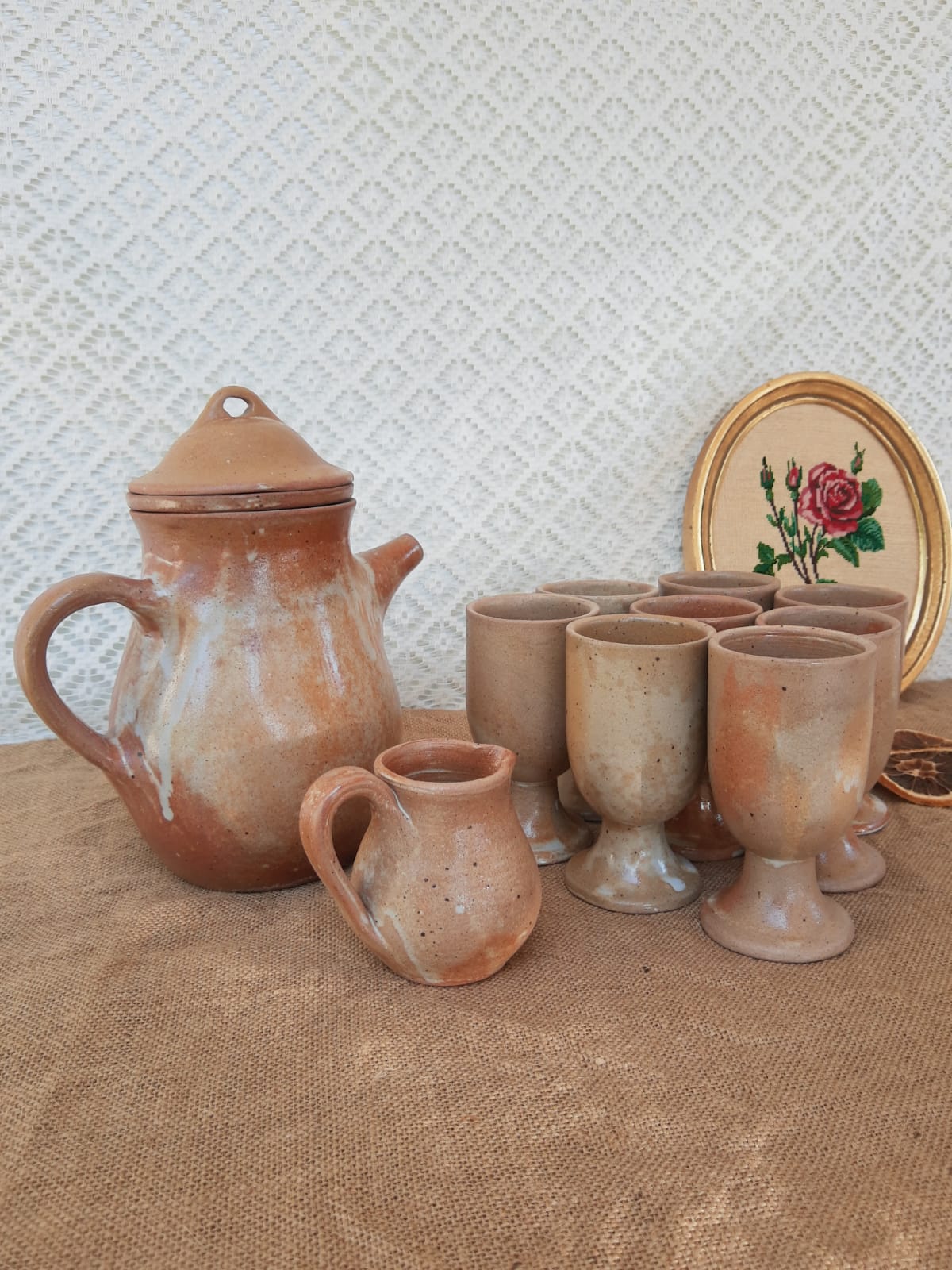 Vintage stoneware 8 mazagrans teapot and milk jug set