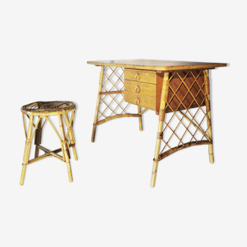 Louis Sognot desk and his stool, in rattan, 1960