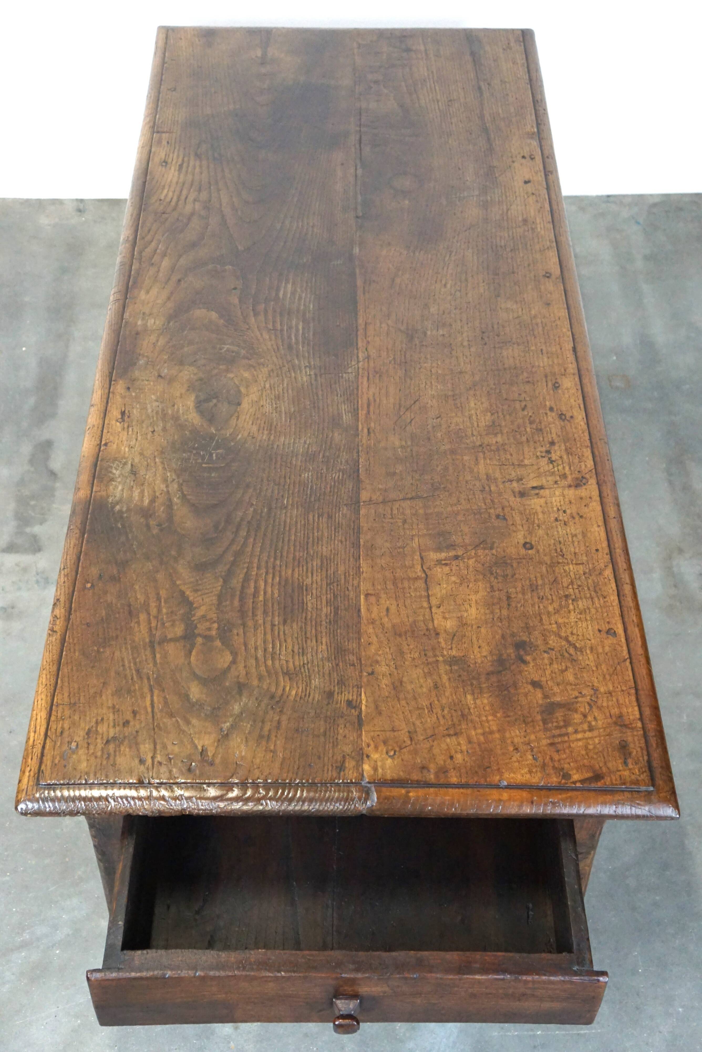Large antique dark oak coffee table with one drawer