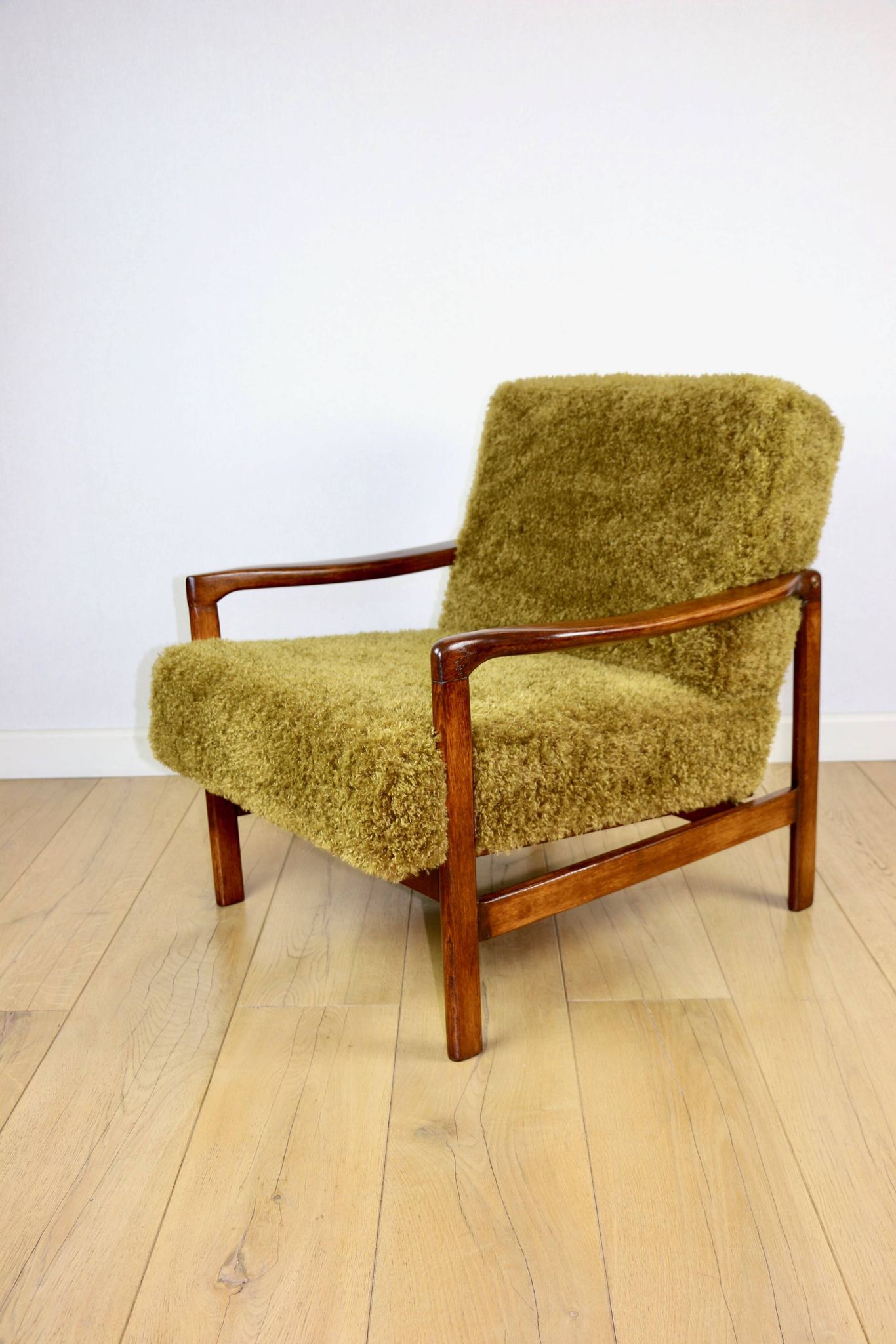 Wooden vintage brown armchair Khaki / Olive long hair Fox by Z. Bączyk - 2 pieces available