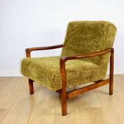 Wooden vintage brown armchair Khaki / Olive long hair Fox by Z. Bączyk - 2 pieces available