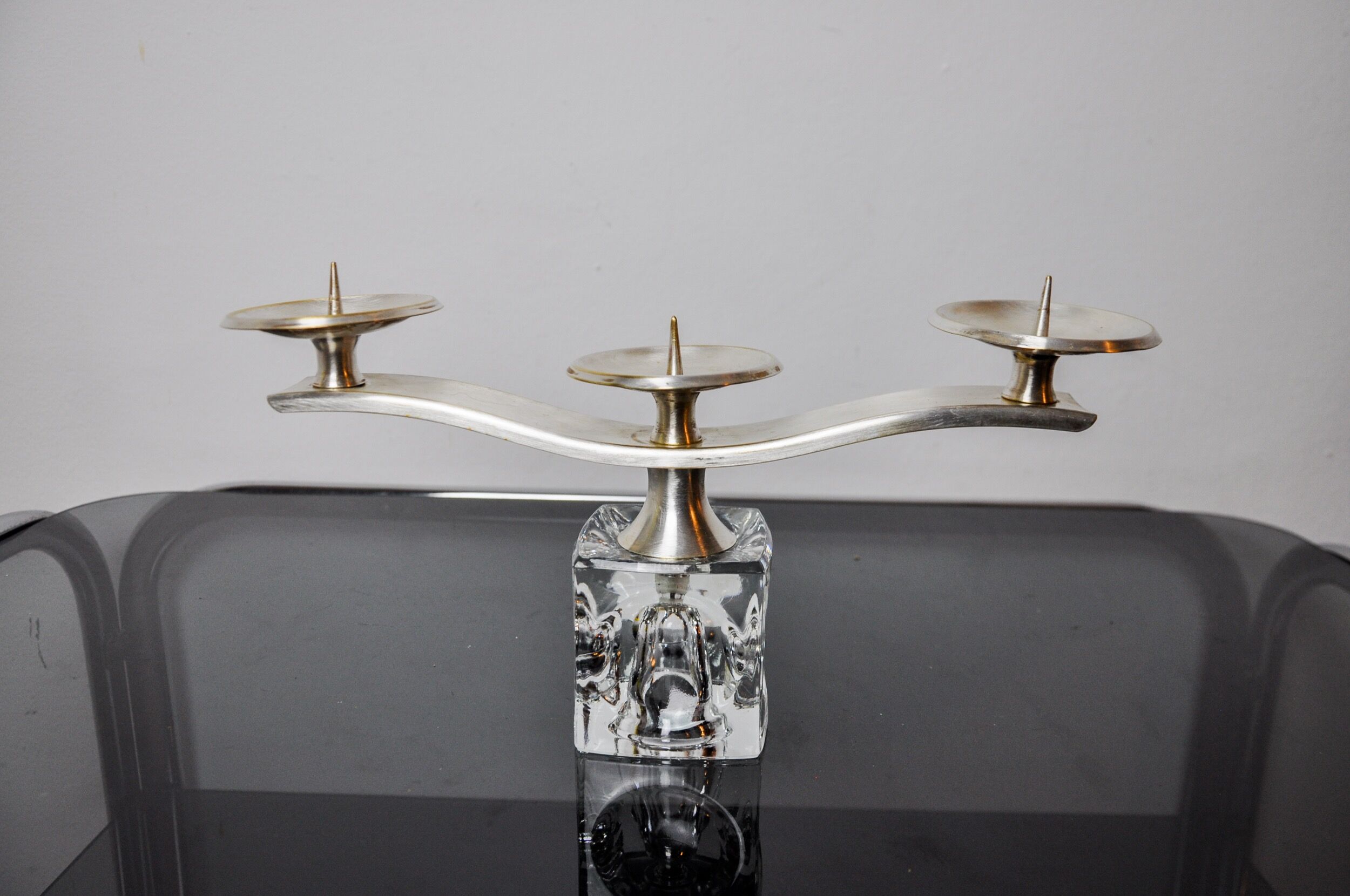 Ice cube candle holder by Peill & Putzler, 3 flames, glass and silver-plated metal, Germany, 1970