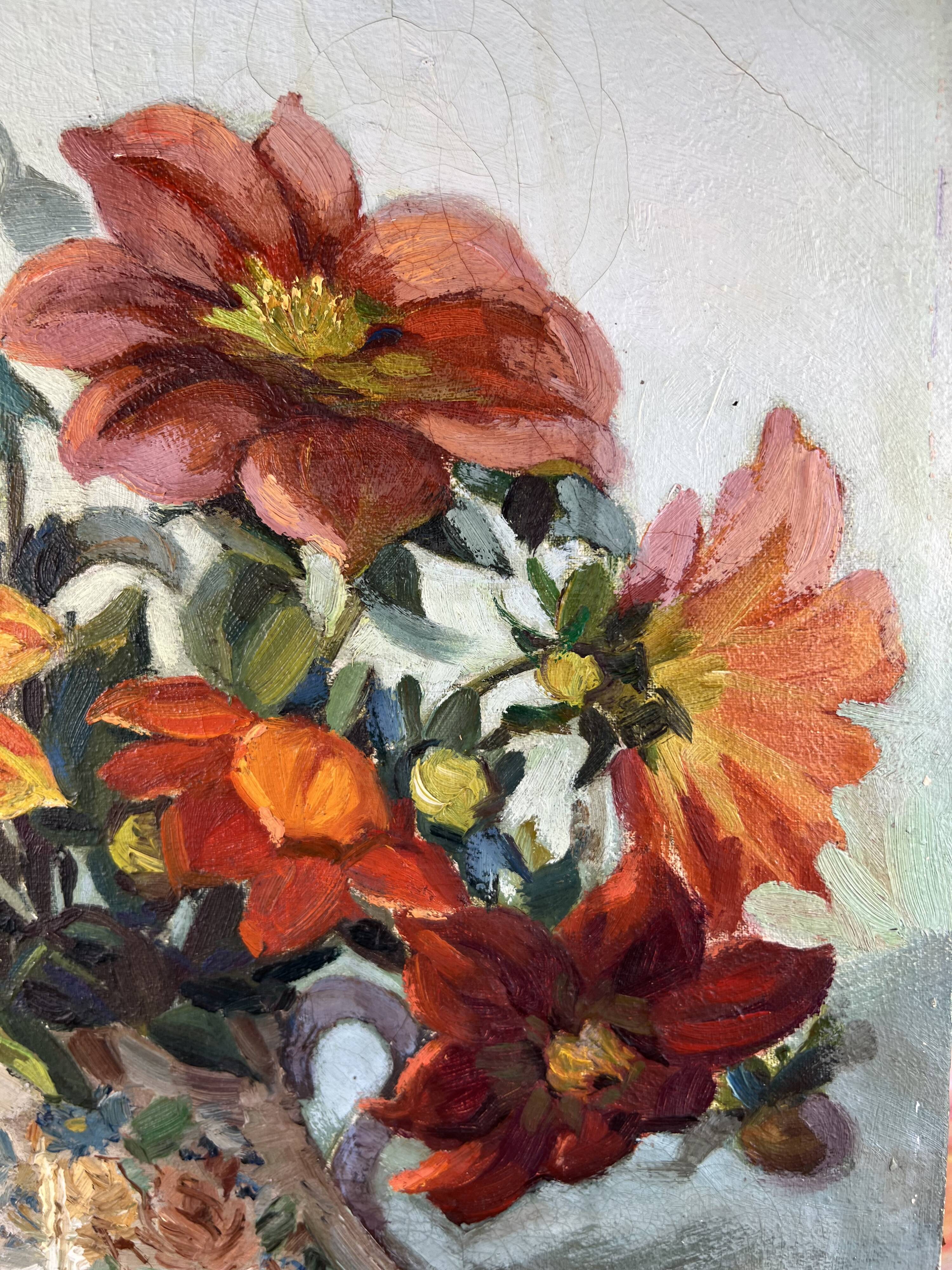 Oil painting on canvas signed Raymond PERISSE - Bouquet of Dahlias - Lorraine painter