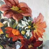 Oil painting on canvas signed Raymond PERISSE - Bouquet of Dahlias - Lorraine painter