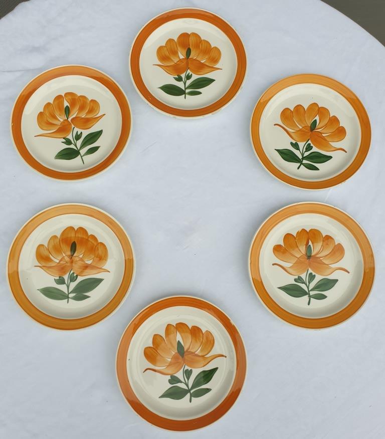 Set 6 plates Gien orange flower 1970 hand-painted decoration
