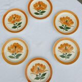 Set 6 plates Gien orange flower 1970 hand-painted decoration