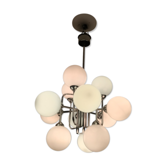 70s glasses chromed chandelier with 12 opaline glass spheres