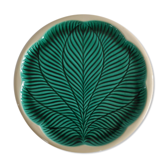 Vintage round plate with green leaf pattern of years 70