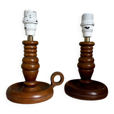 Ensemble de deux pieds de lampe en bois façon bougeoir rustique