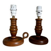 Ensemble de deux pieds de lampe en bois façon bougeoir rustique