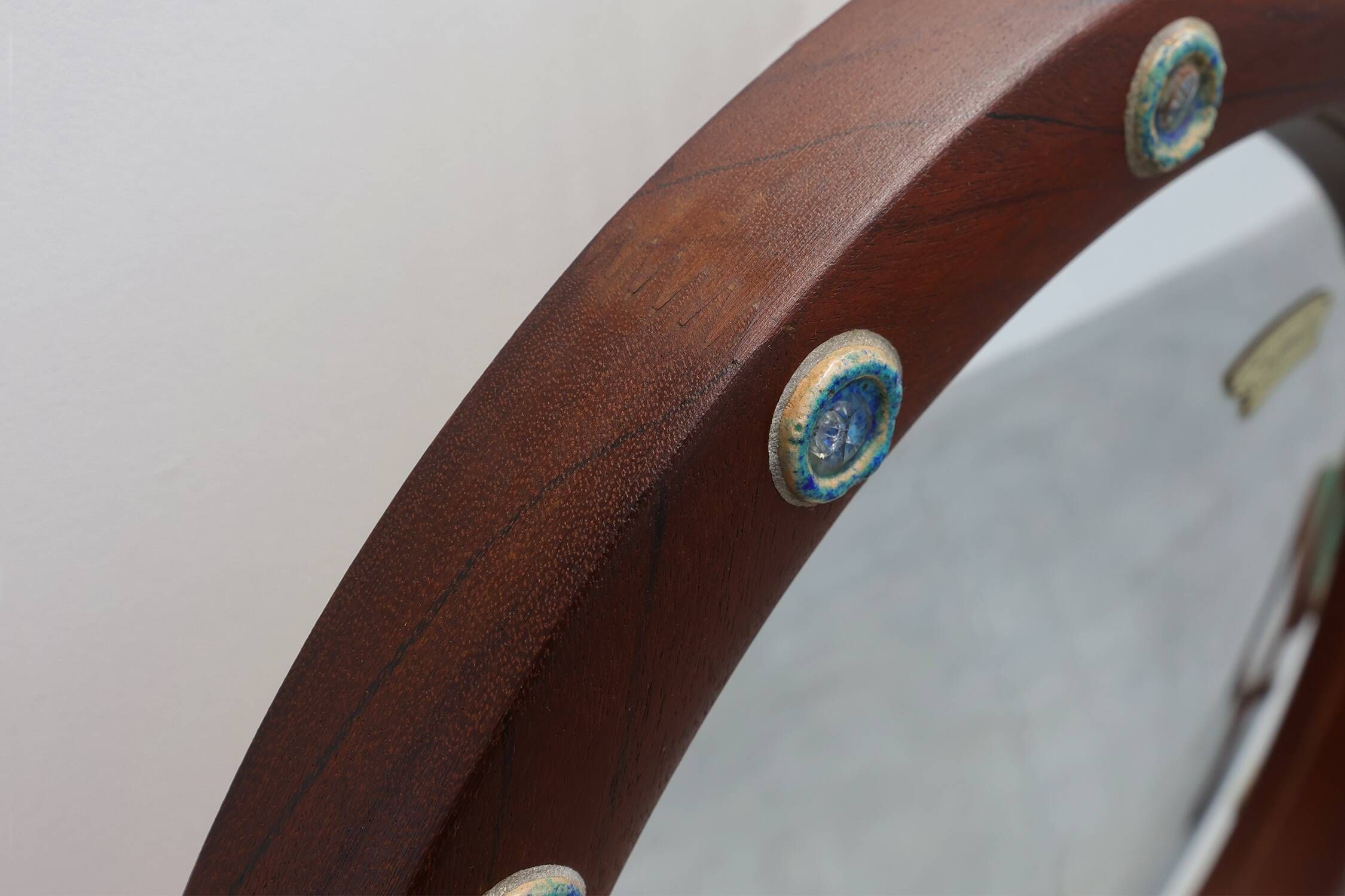 Round wooden mirror with turquoise ceramic studs by Deknudt, Belgium, 1960s