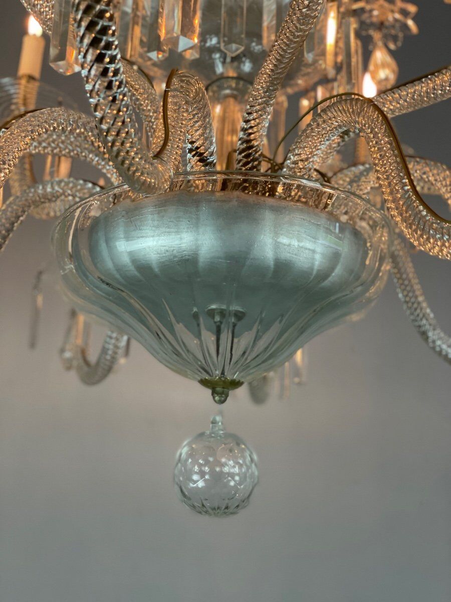 Transparent blown and pinched glass chandelier trimmed with crystals, austria circa 1920