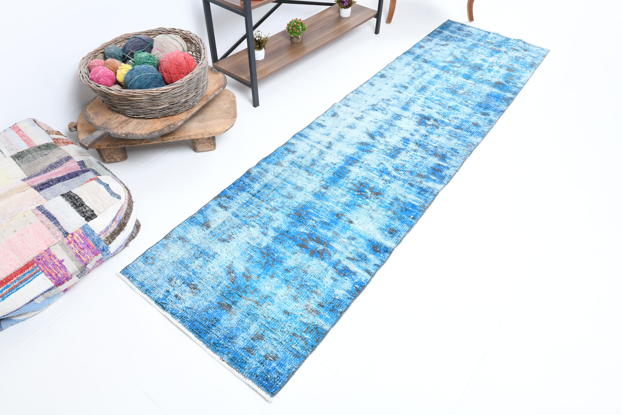 2x9 di̇stressed blue oushak runner rug, 282x75cm