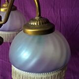 Vintage chandelier art-deco gold metal bronze three half-globes frosted glass and fabric stamps