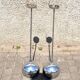 Set of 2 design ball lamps in chromed metal industrial pendant lights 1970