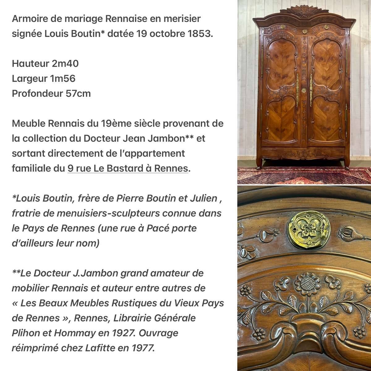 19th-century Rennes wardrobe in cherry wood signed Louis Boutin
