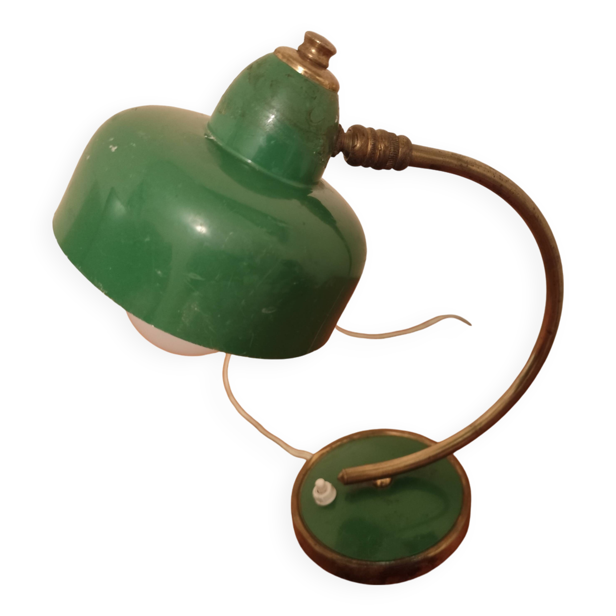 Vintage Scandinavian Art Deco desk lamp from the 40s, golden brass, retro, moon shape, swan neck