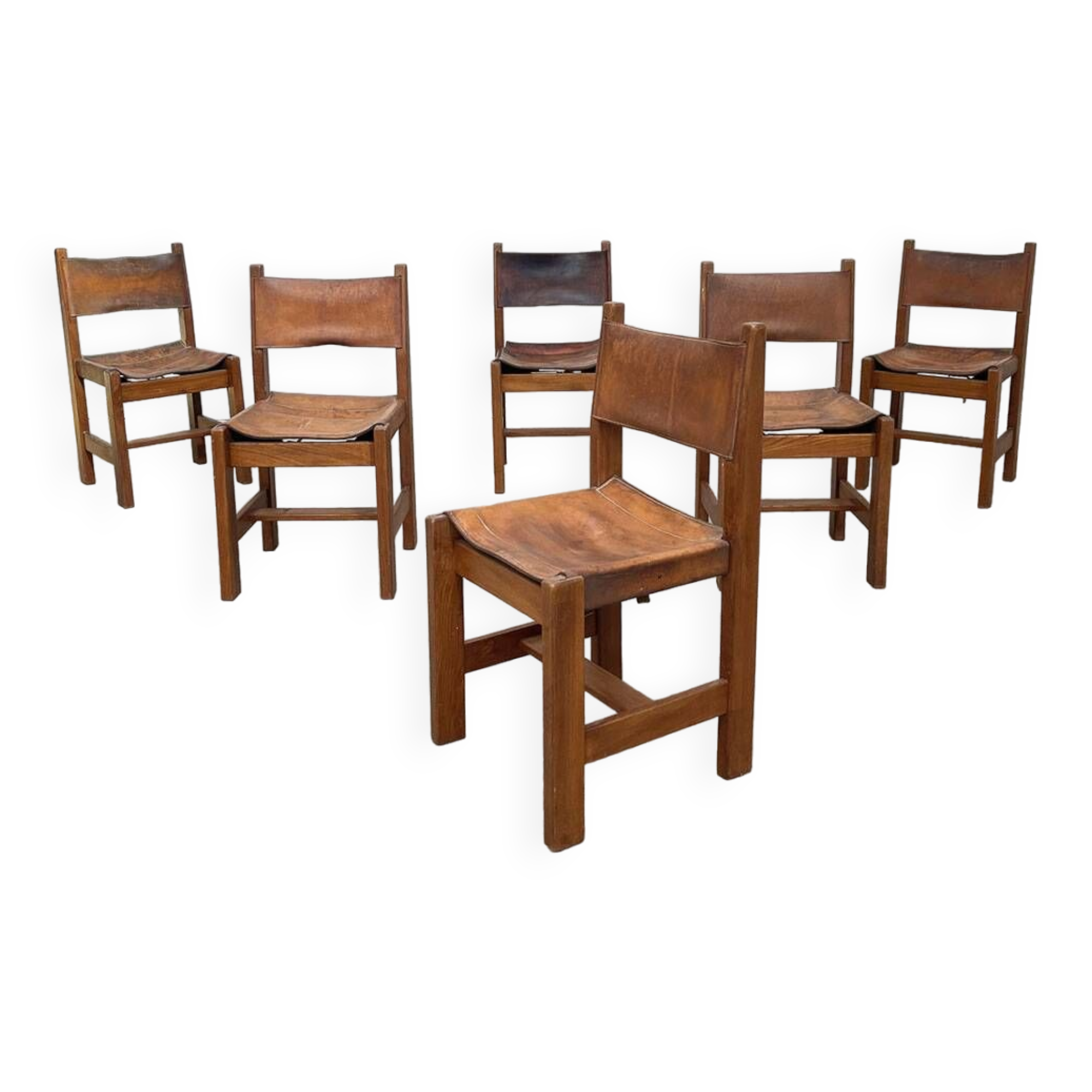 Set of 6 Maison Regain chairs in leather and elm